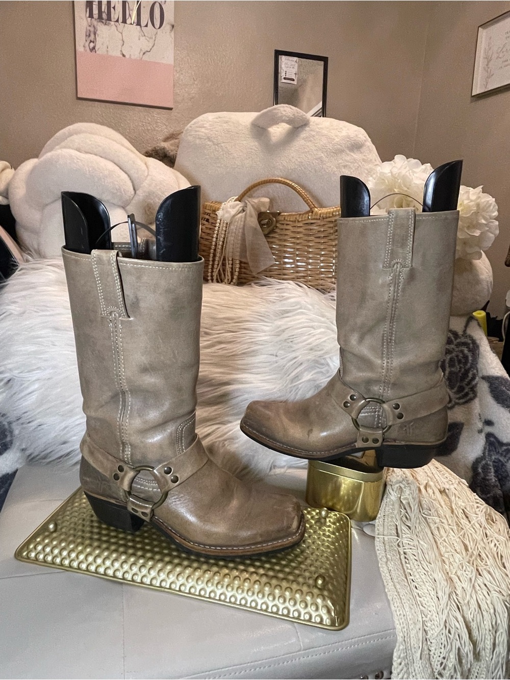 Frye Harness 12R Leather Boots in the hard to find Taupe Colorway